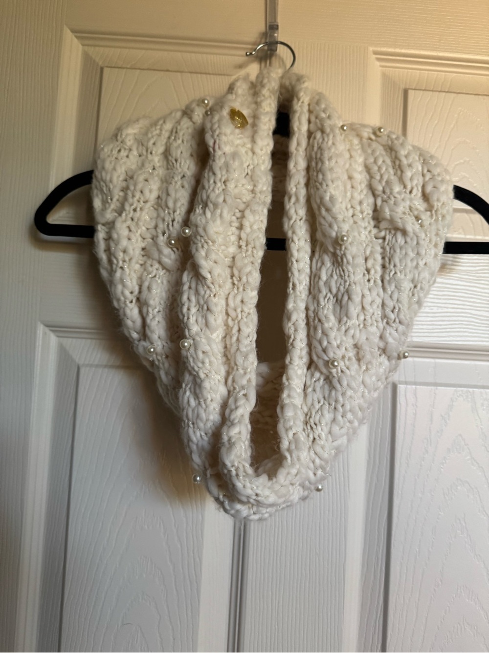 Like New Betsey Johnson Cream Pearl-Embellished Knit Infinity Scarf